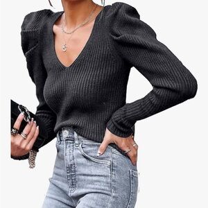 Gray V-Neck Sweater for Women with Puff Sleeve size S